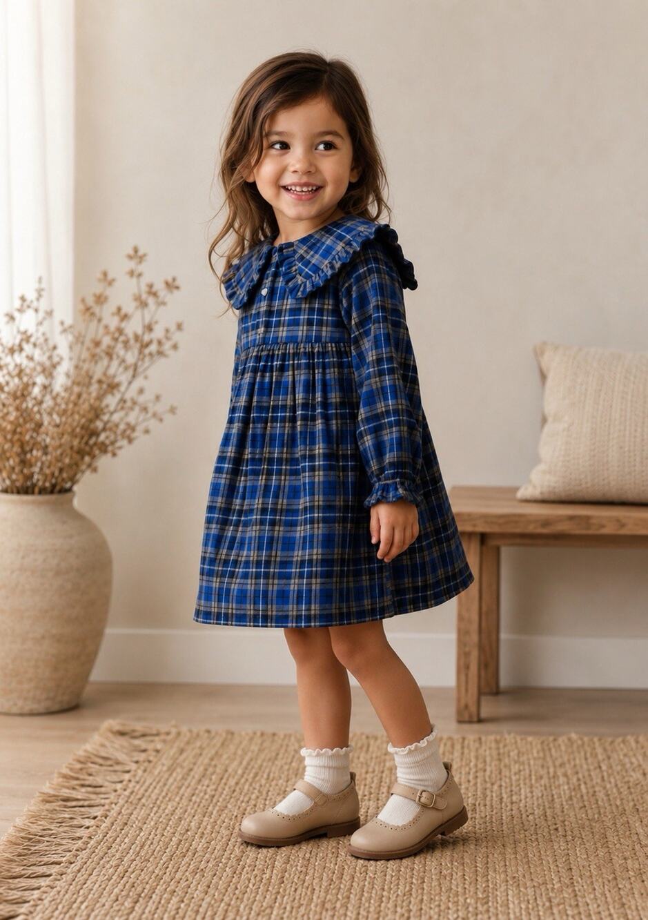 Next Collared Check Cotton Dress, Blue, Size 3-4 Years